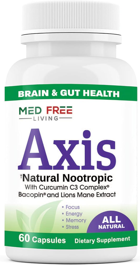 Axis Natural Nootropic Supplement with Curcumin C3 Complex, Bacopin, and Lion's Mane Extract - Brain & Gut Health Support, Focus, Energy, Stress Relief - 60 Capsules, All-Natural, Med Free Living (1)