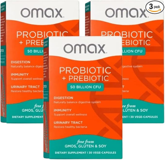 Omax3 Boxes Vegan Probiotic + Prebiotic Supplement Pills, 50 Billion CFU, 10 Clinically Studied Strains, Dairy-Free, Non-GMO, Blister Packed (90 Vege-Capsules)