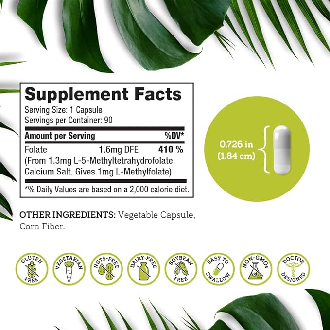 DSO L Methylfolate 1mg (5 MTHF Supplement) - 90 Vegan Capsules (1 mg) - Active L Methyl Folate Supplement for Homocysteine Control - Folic Acid Vitamin - Eco-Friendly Packaging