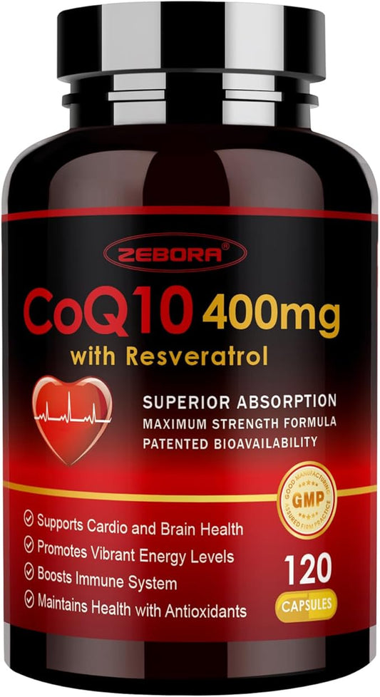 ZEBORA CoQ10-400mg with Trans-Resveratrol, PQQ & Vitamin E - High Absorption Coenzyme-Q10 with BioPerine - Powerful Antioxidant for Heart & Energy-Production,120 Veggie Capsules
