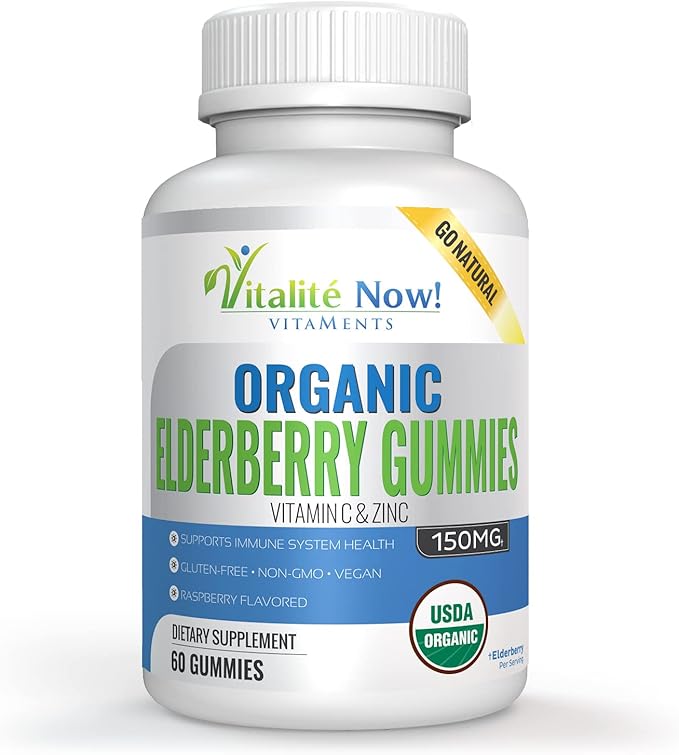 Organic Elderberry Gummies - USDA Certified - Vitamin C & Zinc - Chewable Sambucus - Immune System Support - Vegetarian & Vegan - Raspberry Flavored - Gluten Free - Non-GMO - 60 Count
