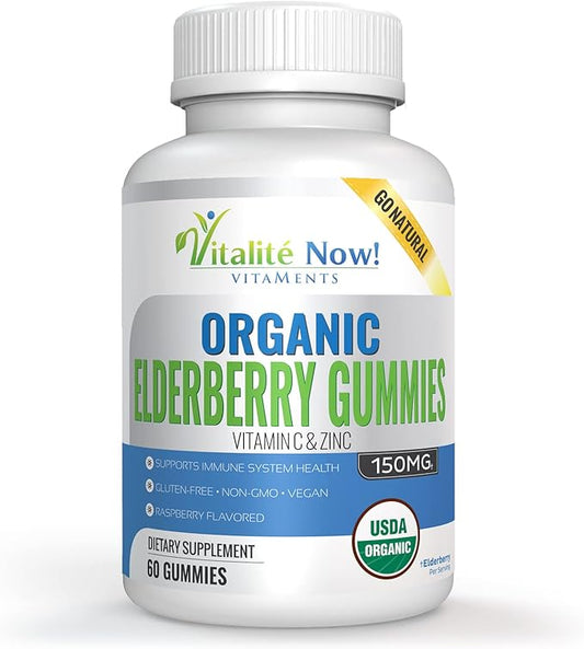 Organic Elderberry Gummies - USDA Certified - Vitamin C & Zinc - Chewable Sambucus - Immune System Support - Vegetarian & Vegan - Raspberry Flavored - Gluten Free - Non-GMO - 60 Count