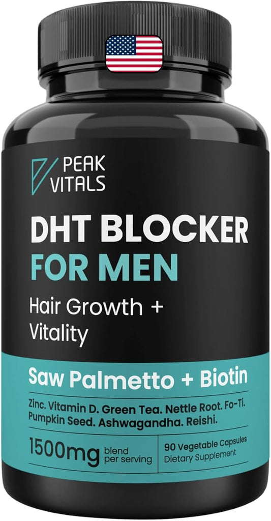 DHT Blocker for Men | Ultra Potent Hair Growth Formula | Saw Palmetto, Biotin, Pumpkin Seed, Herbal Extracts | Natural Hair Loss Supplements | Hair Regrowth Vitamins | Made in The USA | 90 Capsules