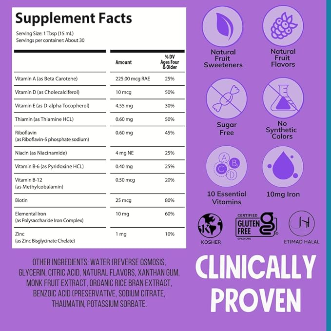 NovaFerrum Yum 16 Fl Oz | Multivitamin with Iron for Ages 4 & Up | Gluten Free Certified | Sugar Free | Raspberry Grape