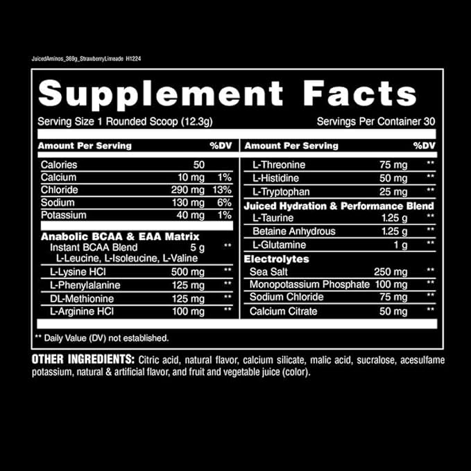 Animal Juiced Amino Acids - BCAA Powder EAA Matrix Plus Hydration with Electrolytes and Sea Salt Anytime Recovery and Improved Performance, Strawberry Limeade Flavor, 30 Servings