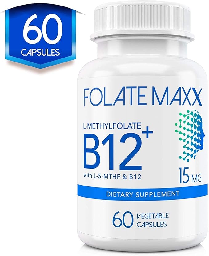 FolateMaxx L-Methylfolate + B12 Methylcobalamin Blend 15mg - 60 Capsules - Active Folic Acid & Methylated B12 - 5-MTHF & B12 Supplement for Men & Women - Non GMO, Gluten Free, No Fillers
