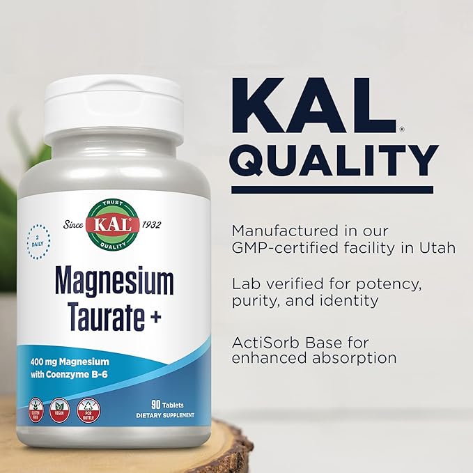 KAL Magnesium Taurate 400mg Plus CoEnzyme Vitamin B6, Chelated Magnesium Supplement, Healthy Muscle Function, Nerve and Heart Health Support, Gluten Free, Vegan, 60-Day Guarantee, 45 Serv, 90 Tablets