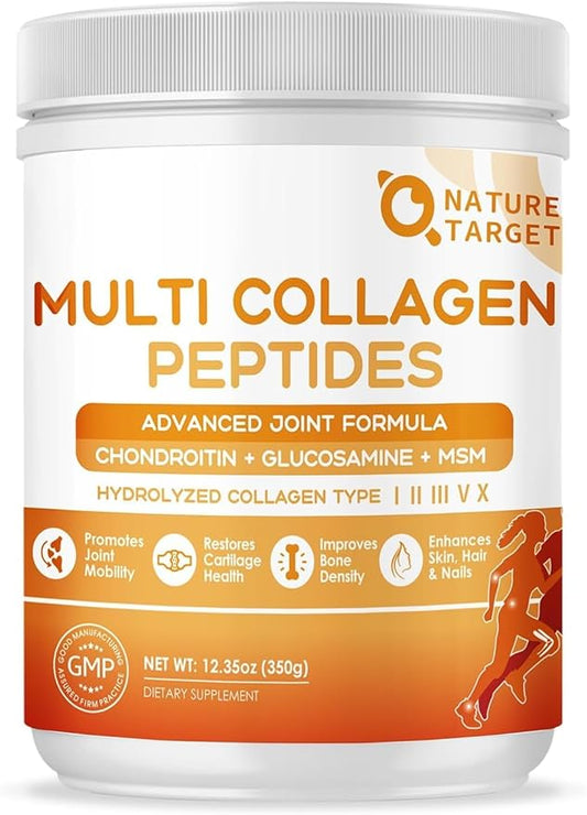 NATURE TARGET Multi-Collagen-Peptides-Powder for Joint Support, Hydrolyzed Collagen for Women Men with MSM + GC, Type I II III V X Collagen for Skin Hair & Nail, Non-GMO, 35 Servings