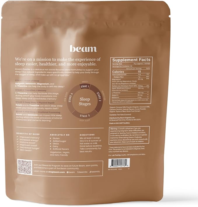 Beam Dream Sleep Powder, Sleep Supplement, Sleep Aids for Adults, Contains Magnesium, Melatonin, L Theanine, Apigenin, Natural Sleep Aid, Vegan, Non GMO, Dairy Free, 3rd Party Tested, 30 Servings