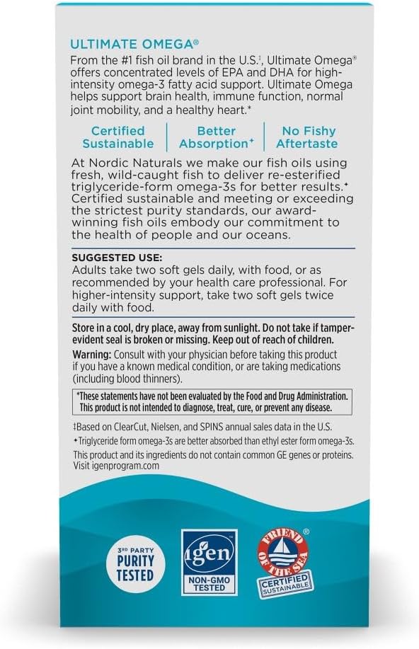 Nordic Naturals Ultimate Omega, Lemon Flavor - 120 Soft Gels - 1280 mg Omega-3 - High-Potency Fish Oil Supplement with EPA & DHA - Promotes Brain & Heart Health - Non-GMO - 60 Servings