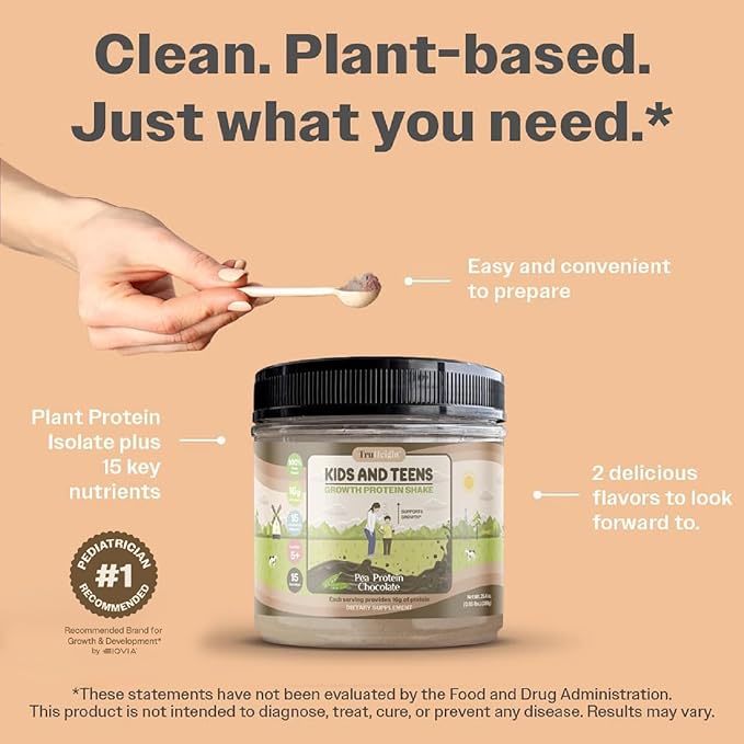 TruHeight Growth Protein Shake (Chocolate Milk Flavor, Plant) Natural Growth & Development Protein Powder for Kids & Teens - Weight Gain Drinks, Endorsed by Pediatricians, Picky Eater Vitamin, Ages 5+