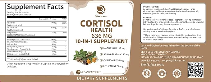 10-in-1 Cortisol Supplements with Magnesium, Ashwagandha, Chamomile, L-Theanine, Phosphatidylserine, St. John's Wort, Rhodiola, Vitamin C & D3, for Women Men, 240 Vegan Capsules for 4 Month, Non-GMO