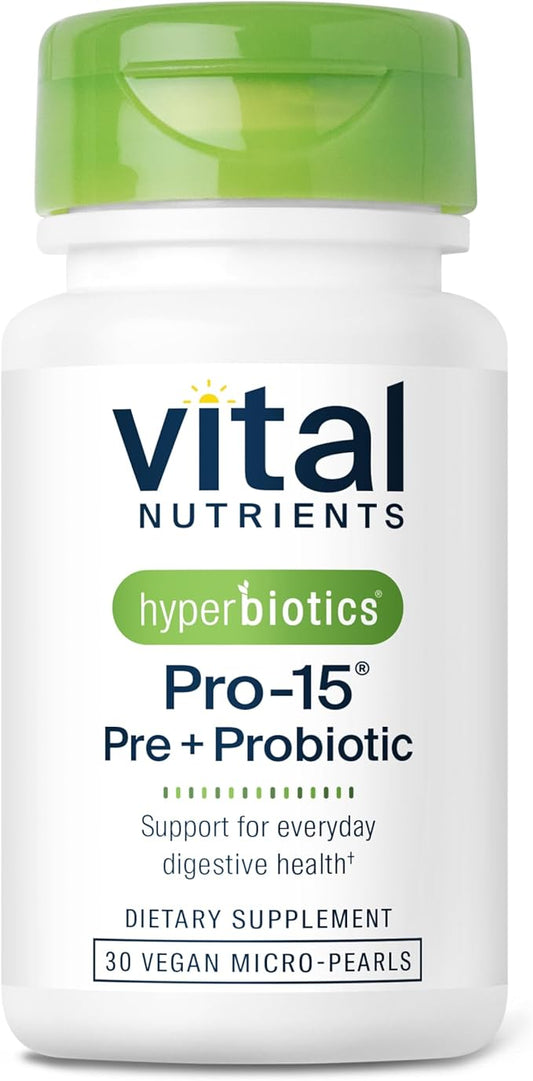 Hyperbiotics Vital Nutrients Pro-15 Pre + Probiotic | 15 Strains| Supports Occasional Constipation, Diarrhea, Gas & Bloating | Immune, Digestive & Gut Health | Shelf-Stable | Vegan | 30 Pearl Tablets