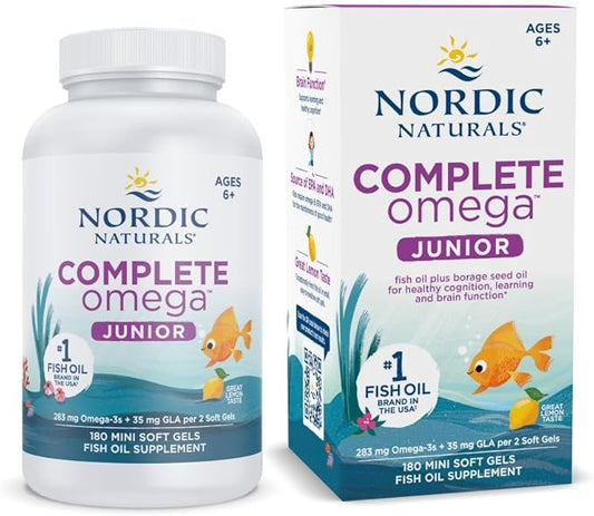 Nordic Naturals Complete Omega Jr., Lemon - 180 Mini Soft Gels - 283 mg Total Omega-3s & 35 mg GLA - Healthy Cognition, Nervous System Function - Non-GMO - 90 Servings