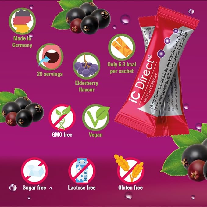 T&D iC Direct Iron, no Water 20 stickpack, Easy to use, Elderberry Flavour with Micro-pellets - no Metal Taste