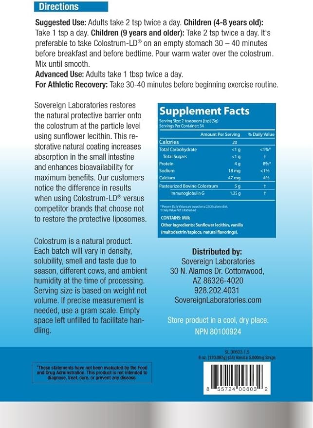 Colostrum-LD Liposomal Delivery - Colostrum Powder - Gluten-Free, Lactose-Reduced - 34 Servings - Sovereign Laboratories - 6 oz Vanilla