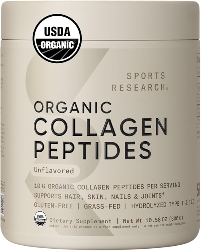 Sports Research® Organic Collagen Peptides - Hydrolyzed Type I & III Collagen Protein Powder Sustainably Sourced from Grass-Fed Bovine - Unflavored, Organic Certified & Gluten Free - 30 Servings