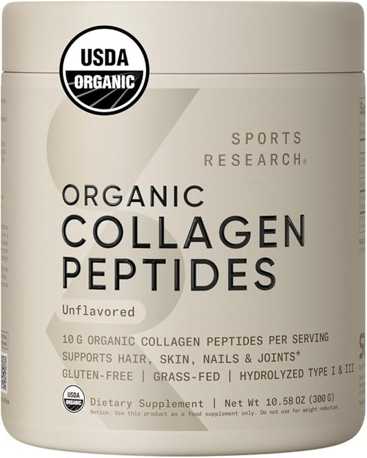 Sports Research® Organic Collagen Peptides - Hydrolyzed Type I & III Collagen Protein Powder Sustainably Sourced from Grass-Fed Bovine - Unflavored, Organic Certified & Gluten Free - 30 Servings