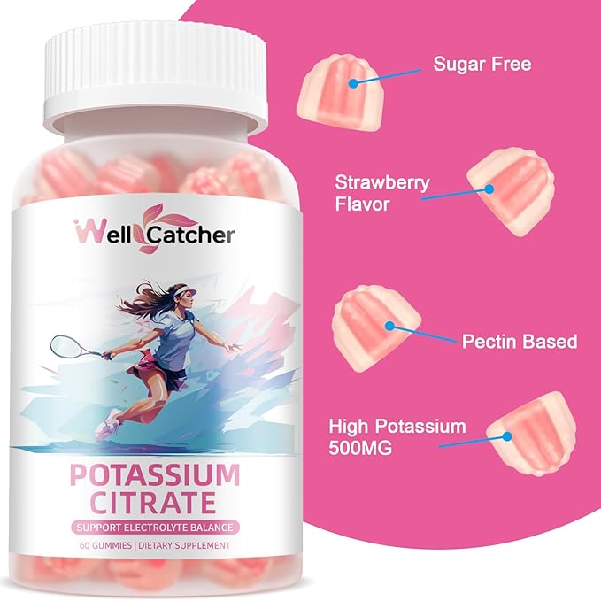 Potassium Citrate Gummies for Adults Men Women - High Potassium Supplement 500 MG Sugar Free Support Electrolyte Balance Leg Cramps Vegan Non-GMO Organic Strawberry Flavor 2 Packs