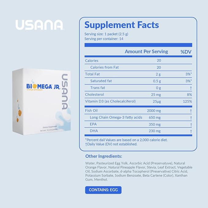 USANA BiOmega Jr. Fish Oil Supplement with Omega 3 Fatty Acids for Kids 4+ - 14 Packets