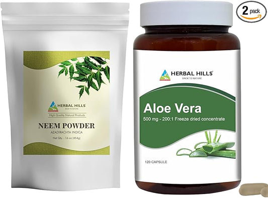 HERBAL HILLS Neem Leaf Powder and Aloe Vera Capsules Freeze Dried Pack of 2 Combo