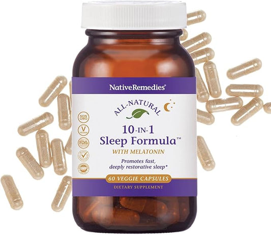 Native Remedies 10-in-1 Formula Natural Sleep Aid for Adults & Kids 4+ - Sleep Supplement with Melatonin 5mg, Magnesium, Valerian Root, Chamomile – Sleeping Aid Support, Non-GMO, Vegan - 60 Capsules