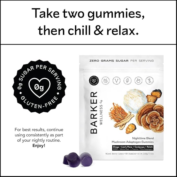 Nighttime Mushroom Adaptogen Gummies – Sugar-Free Vegan Mushroom Gummies For Adults with Reishi, Lion’s Mane, Chaga, Cordyceps, and Adaptogenic Botanicals for Sleep Support – Non-GMO, 60 Count