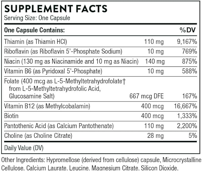 THORNE Basic B-Complex - Tissue-Ready Vitamin B Complex Supplement with Choline - Supports Cellular Energy Production, Brain Health & Red Blood Cell Formation* - Gluten-Free, Dairy-Free - 60 Capsules