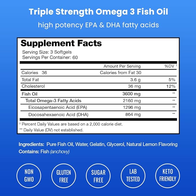 NutraChamps Omega 3 Fish Oil Supplements 3600mg with EPA & DHA, High Potency Omega 3 Supplement to Support Heart, Immune Health, 180 Natural Lemon Burpless Fish Oil Capsules