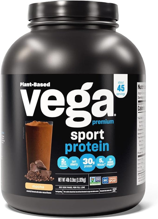 Vega Premium Sport Protein Mocha Protein Powder, Vegan, Non GMO, Gluten Free Plant Based Protein Powder Drink Mix, NSF Certified for Sport, 4lb 3 oz