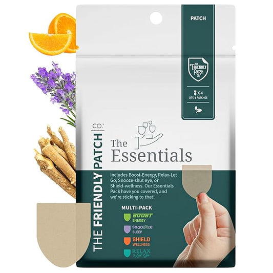 The Friendly Patch Travel Essentials Multi-Pack includes 8 Patches: Snooze Sleep Patches, Ashwagandha calm Patches, Boost Energy Patch, and Shield Patches for Sleeping, Relaxing, and Energy.