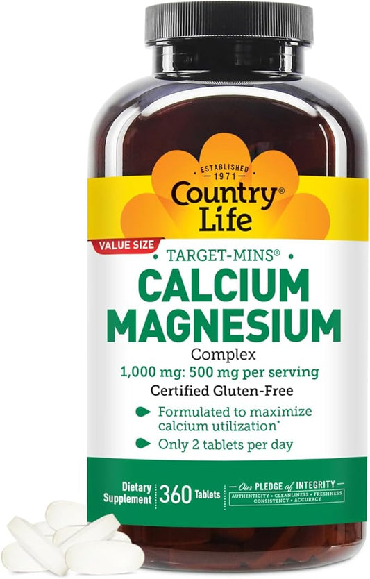 Country Life Target-Mins Calcium Magnesium Supplement for Bone Health, 1000mg Calcium, 500mg Magnesium, Gluten Free, 2:1 Ratio for Optimal Utilization