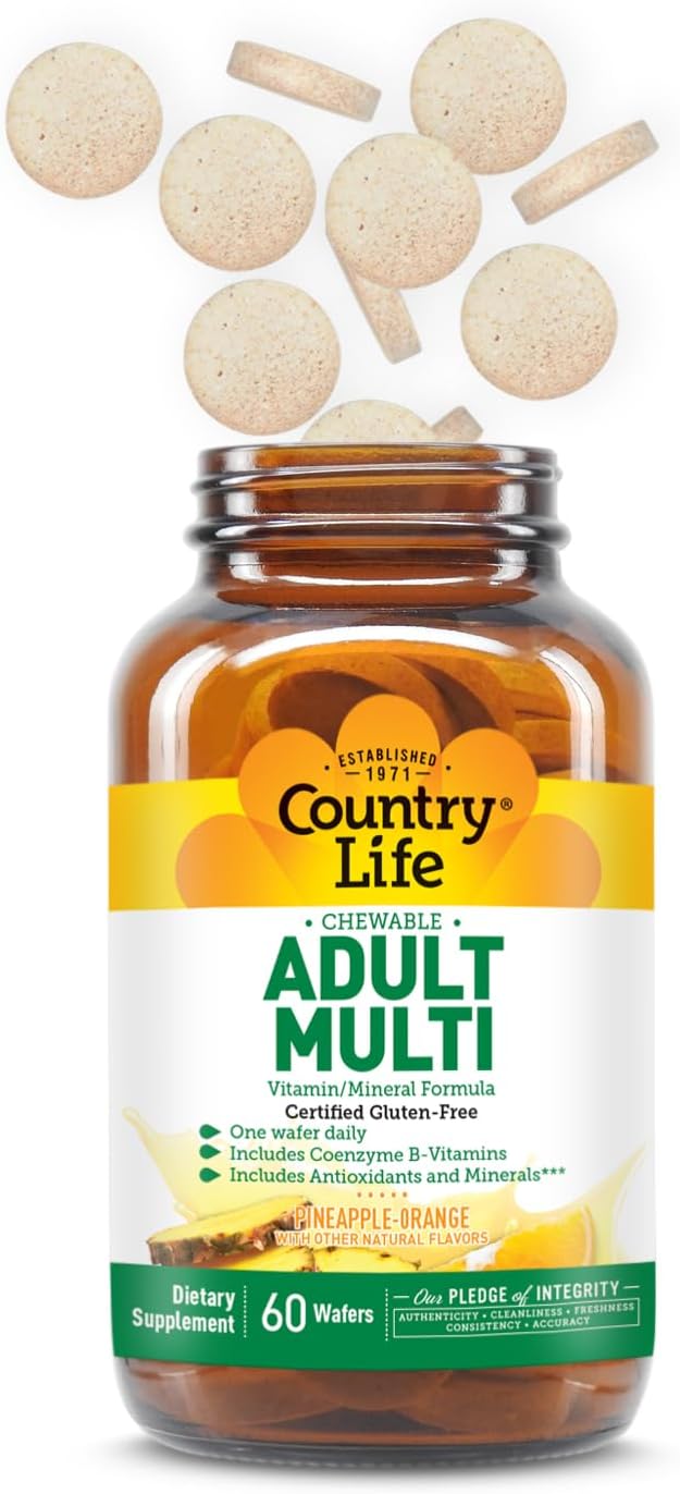 Country Life Adult Chewable Multivitamin with Coenzyme B-Vitamins, Antioxidants, Minerals, Pineapple-Orange Flavor - Supports Energy Metabolism and Immune Health, Gluten Free - 60 Wafers
