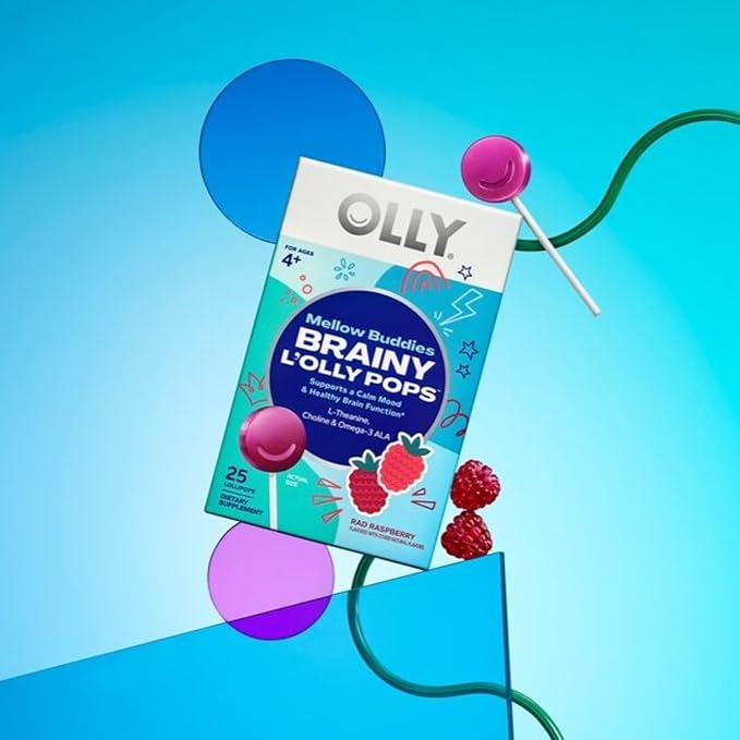OLLY Mellow Buddies L’OLLY Pops, Omega-3 ALA, L-Theanine, Choline, Kids Dietary Supplement Lollipops, Supports a Calm Mood & Healthy Brain Function, Vegetarian, Raspberry Flavored, 25 Count
