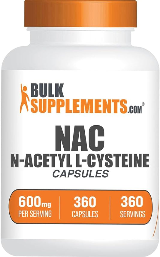 BulkSupplements.com N-Acetyl L-Cysteine Capsules - N-Acetyl Cysteine 600mg, NAC Supplement - 600mg per Capsule, Gluten Free - 1 NAC Capsule per Serving, 360 Capsules (Pack of 1)