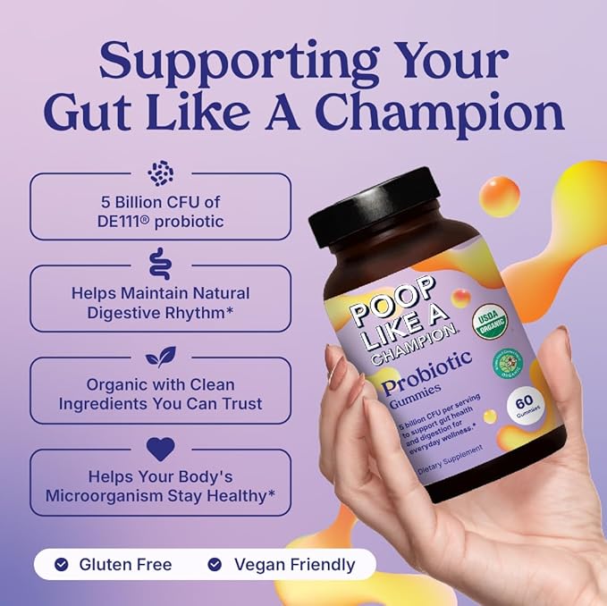Poop Like a Champion Probiotic Gummies for Adults – USDA Organic, Vegan, Non-GMO, Digestive Health Support, 60 Gummies