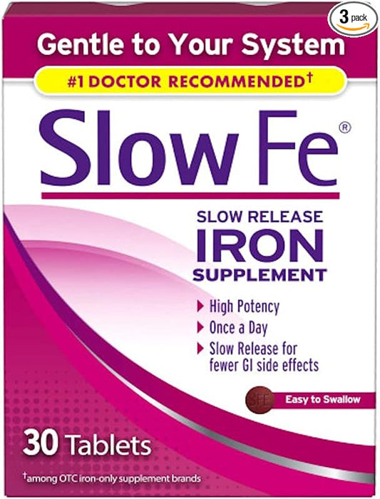 Slow Fe Iron Supplement Tablets for Iron Deficiency, 30 Count (Pack of 3)