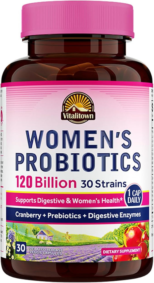 Vitalitown Probiotics for Women 120 Billion CFUs, 30 Strains, with Prebiotics & Digestive Enzymes & Cranberry, Gut & Vaginal Health, Vegan 30 Delayed Release Caps