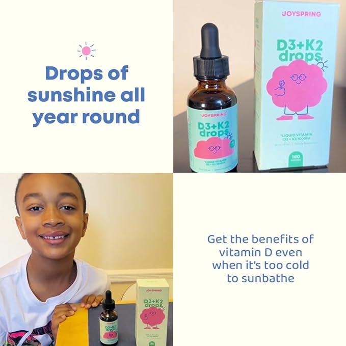 JoySpring Vitamin D3 Kids Drops with K2 – Liquid Supplement for Calcium Absorption & Joint Health – 360 Servings (2 fl oz) – Vitamin D Kids Ages 3-18
