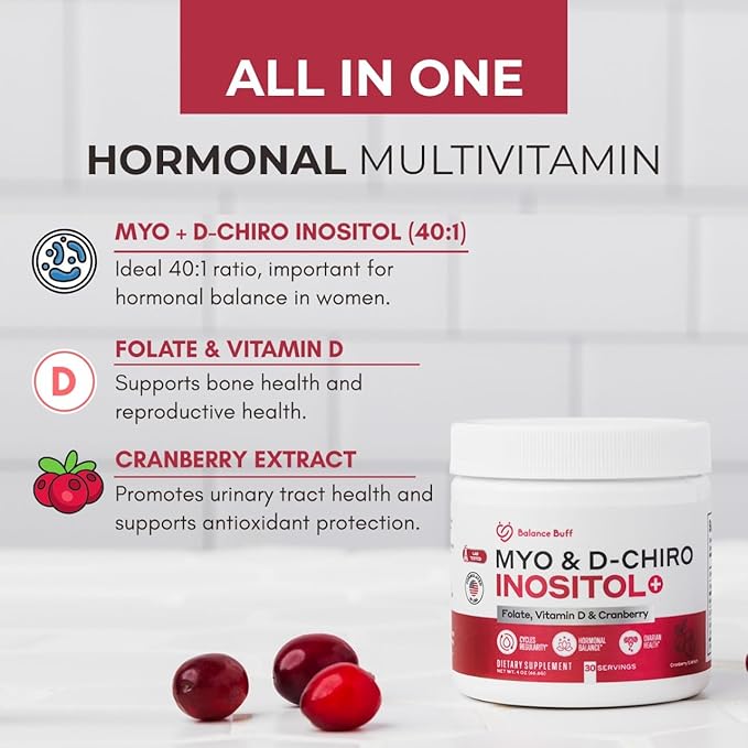 Inositol Supplement For Women | Myo-Inositol & D- Chiro Inositol Powder with Folate, Vitamin D, Cranberry | Supports Women's Health, Fertility & Hormones | Ideal 40:1 Ratio | - Powder - 30 Day supply
