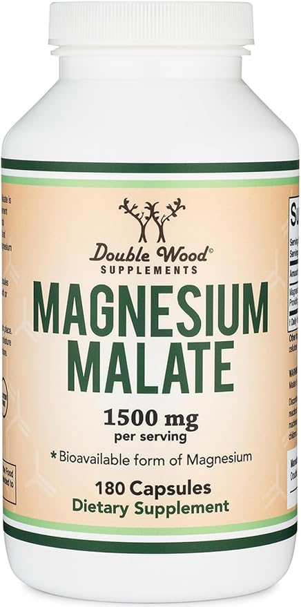 Magnesium Malate Capsules (180 Count) - 1,500mg Per Serving (Magnesium Bonded to Malic Acid), Third Party Tested, Vegan Friendly, Gluten Free by Double Wood Supplements