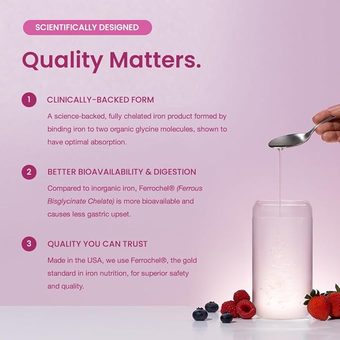 Organic Liquid Iron Supplement for Women, Men & Kids | Gentle Vegan Iron Supplements for Energy, Healthy Blood & Prenatal | Non Constipating, Sugar-Free Natural Berry Flavor, Ferrochel® & Vitamin C