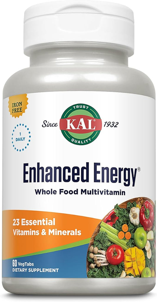 KAL Enhanced Energy Supplements, Once Daily Whole Food Multivitamin for Women and Men, Iron Free, 23 Essential Vitamins, Minerals, Super Foods, Digestive Enzymes, 60-Day Guarantee, 60 Serv, 60 VegTabs