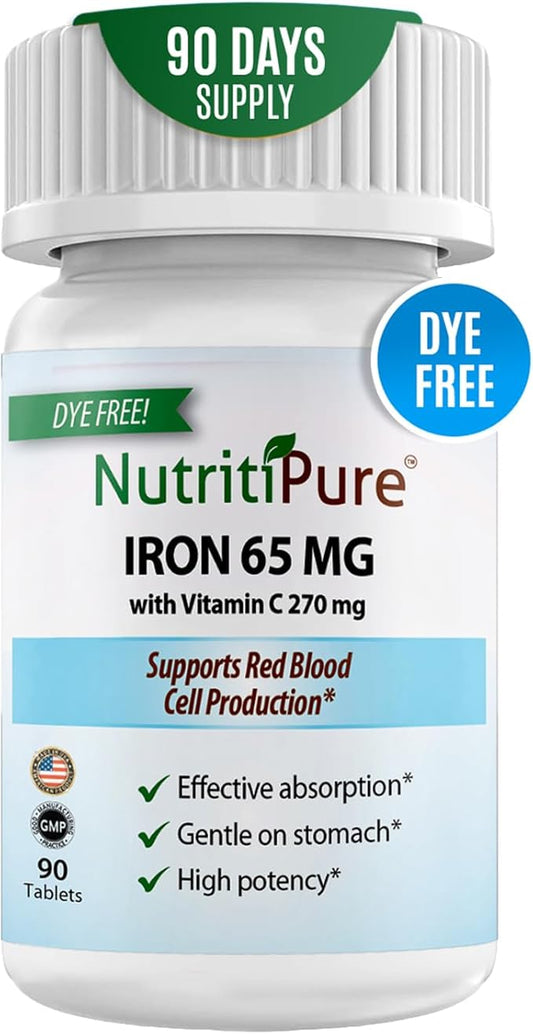 Carbonyl Iron Tablet 65 mg with 270 mg Vitamin C |90 Days Supply | for Women/Men | High Potency Bariatric Vitamins for WLS Patients Including Gastric Bypass | Dye Free (Pack of 1)