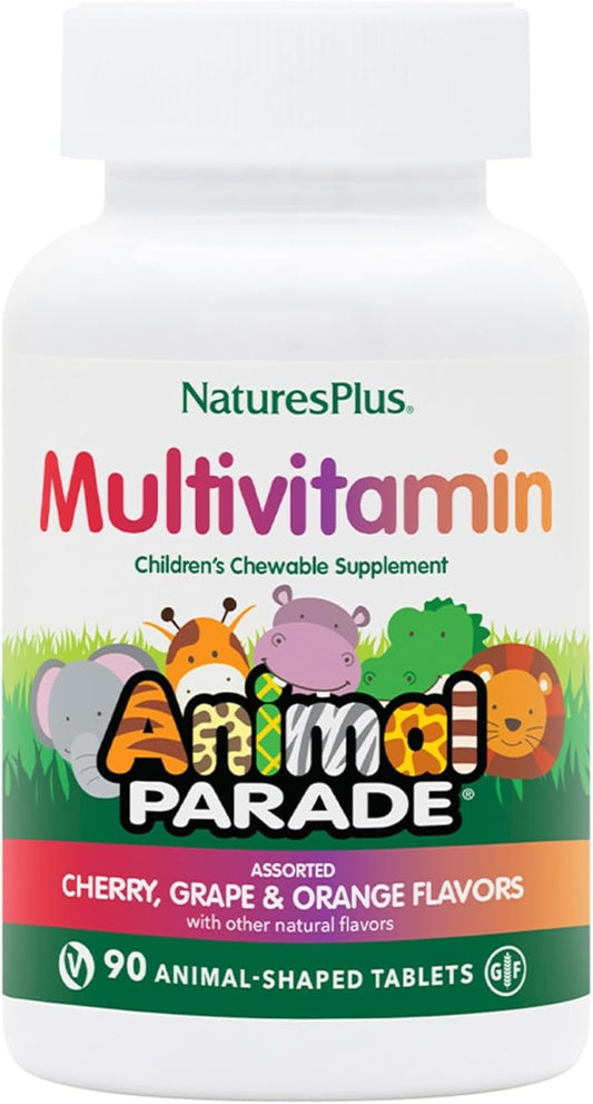 Natures Plus Animal Parade Children's Chewable Multivitamin - 90 Animal-Shaped Tablets - Natural Assorted Flavors - Vegan, Gluten Free - 45 Servings