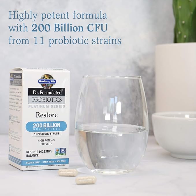 Garden of Life Dr. Formulated Probiotics Platinum Series Restore 200 Billion CFU High Potency Formula, Vegan, Non-GMO, Gluten, Dairy & Soy Free Digestive Immune Probiotic Support, 28 Capsules