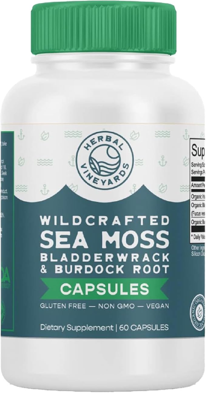 Herbal Vineyards Organic Wildcrafted Vegetable 60 Capsules | 1500MG | Pack of 1 | Irish Sea Moss, Bladderwrack and Burdock Root, Immune Support, Healthy Skin & Energy | Powerful Immunity Booster