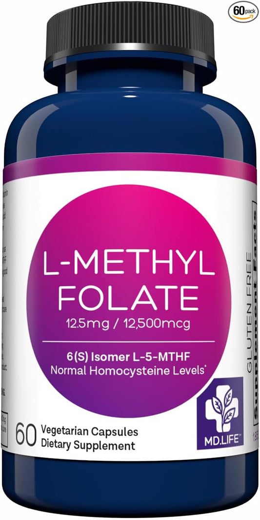 MD Life L Methylfolate 12.5 mg - Professional-Grade Active Methylfolate Supplement - Maximum Potency MTHFR Supplements - L-methylfolate 12.5mg 60 Capsules - Essential Amino Acids