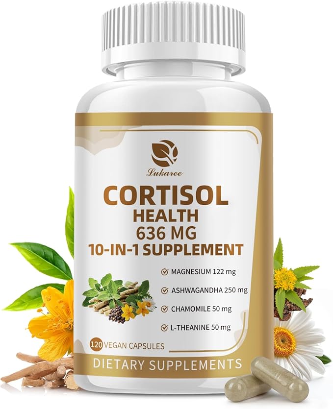 10-in-1 Cortisol Supplements with Magnesium, Ashwagandha, Chamomile, L-Theanine, Phosphatidylserine, St. John's Wort, Rhodiola, Vitamin C & D3, for Women Men, 120 Vegan Capsules for 2 Month, Non-GMO