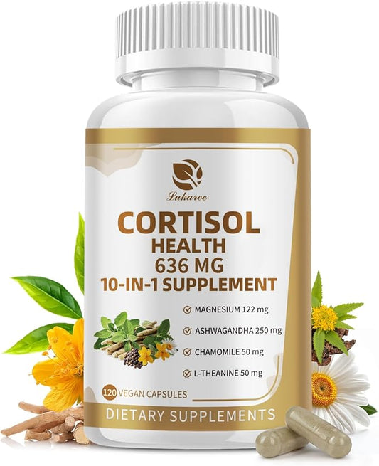10-in-1 Cortisol Supplements with Magnesium, Ashwagandha, Chamomile, L-Theanine, Phosphatidylserine, St. John's Wort, Rhodiola, Vitamin C & D3, for Women Men, 120 Vegan Capsules for 2 Month, Non-GMO